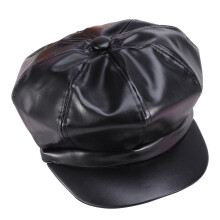 FOXNOVO Women Newsboy Hat Black PU Artificial 1Pcs Retro Style Accessory