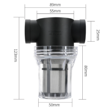 Filtro de sedimentos em linha com design transparente, tampa plástica transparente e malha de aço inoxidável para sistemas de bombas de água,