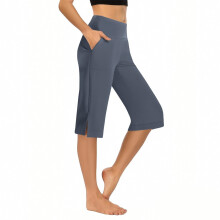 Női magas derekú jóganadrág zsebekkel, széles szárú capri leggings 3/4-es hosszúságú edzéshez, sporthoz vagy otthoni viseletre, kék, S-es
