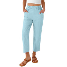 Calça Capri Feminina Azul, Comprimento até o Tornozelo, com Bolsos, Cintura Elástica, Leve, em Poliéster Resistente a Amassados, Tamanho G