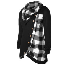 Blusa túnica de cuello alto a cuadros de manga larga para mujer - Negra XXL, Otoño 2023