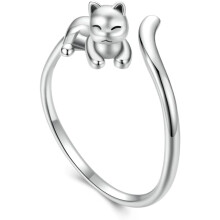 Verstelbare ring met open wikkel van 925 sterling zilver met kattenprint voor dames – Statement ring met kittenmotief, comfortabele pasvorm,
