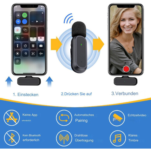 Microfone de lapela com redução de ruído para iPhone e Android, microfone de lapela sem fio com conexão de longo alcance e captação simultânea 1