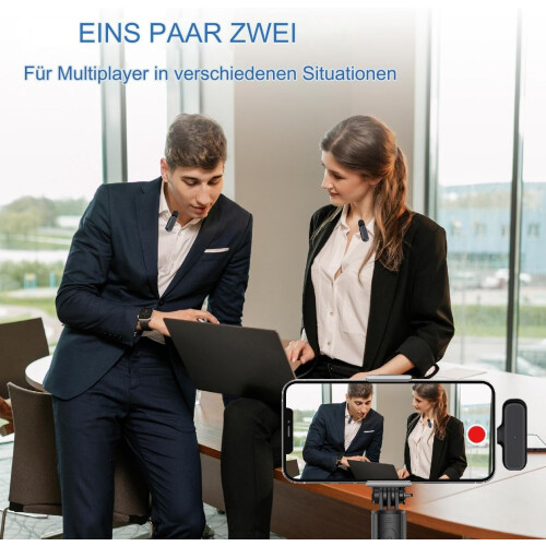 Microfone de lapela com redução de ruído para iPhone e Android, microfone de lapela sem fio com conexão de longo alcance e captação simultânea 2