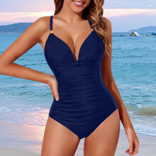 Halter Neck Monokini with Gold Accents, 4-Way Stretch and Removable Pads for Beach Vacation,Dark Blue,Size 2XL
