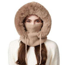 Women's Winter Hooded Scarf Beanie Hat, Khaki, One Size, Compatible with Cold Weather & Skiing