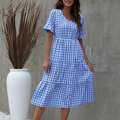 Αέρινα Φορέματα για Γυναικεία Casual Swing Plaid Midi Ψηλόμεσο Κοντό Μανίκι σε Γραμμή Α Gingham 2