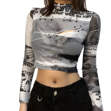 Print Sexy Sheer Mesh See Through Tops, Sexy Sheer Mesh Tops for Women, Long Sleeve Crop Top Asymmetrical Hem with Mock Neck Slim Fit Design,