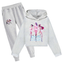 (160, Gray) Girls K-Pop Demon Hunters Hoodies Kids Sweatshirt Pullover Tops Pants Outfit Set 03 _b