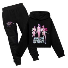 (150, Black) Girls K-Pop Demon Hunters Hoodies Kids Sweatshirt Pullover Tops Pants Outfit Set 03 _b