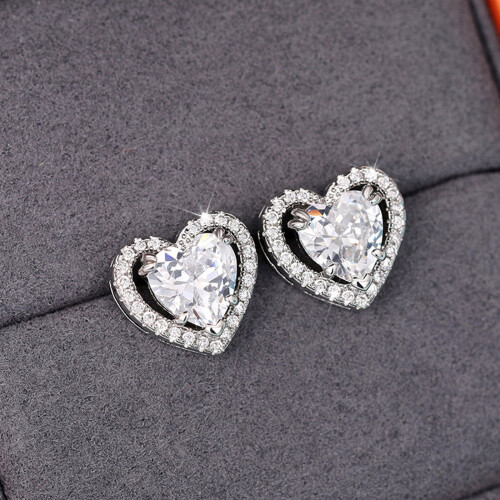 CZ Heart Stud Earrings White Gold Plated 10mm 2