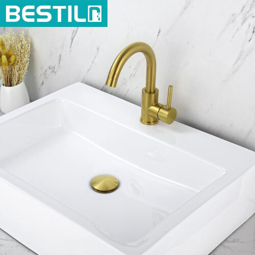 Bathroom Sink Drain Stopper, Push Pop Up Drain with Overflow, Brushed Gold 1