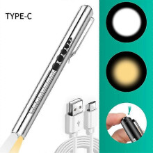 (Silver) USB Rechargeable Medical Penlight with Pupil Gauge LED Warm/White Light Penlights for Nurses Doctor Gift