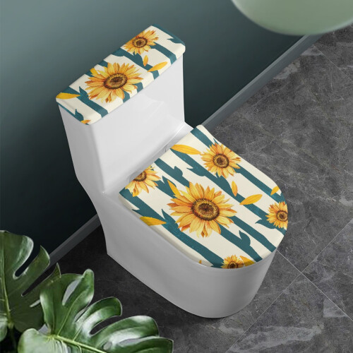 2 Pack Toilet Protector Cover Elastic Edge Polyester Fabric, Adjustable, Indoor Home, Sunflower Pattern 1