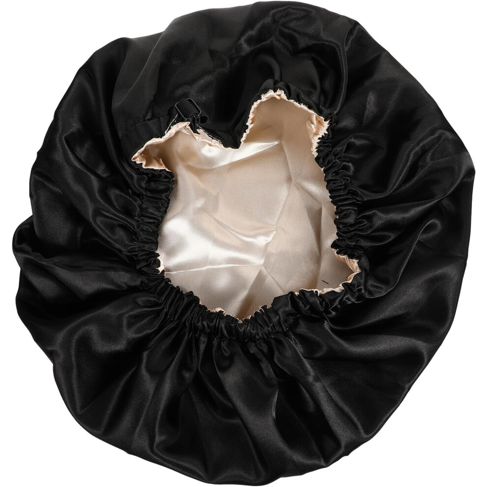 Hkhbjs Double-Layer Satin Sleeping Hat For Women With Invisible Adjustable Buckle, Black Sleep Bonnet Cap For Hair Care And Bathing