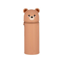 (Brown bear) Cartoon Silicone Pencil Case Telescoping Pen Case Standing Up Pen Storage Bag Large Capacity Expandable Pen Pouches