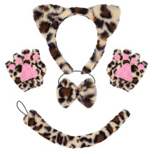 (Leopard print threeB) 1//3/4/5/6 Cats Costume Cosplay Cats Ear Headband Bows Tail Tutu Face Sticker Halloween Animal Fancy Costume Accessories