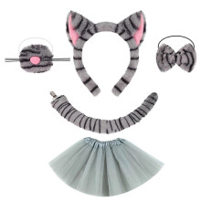 (Grey four piece setB) 1//3/4/5/6 Cats Costume Cosplay Cats Ear Headband Bows Tail Tutu Face Sticker Halloween Animal Fancy Costume Accessories