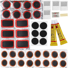 Kit de réparation de pneus de vélo (46 pièces) avec patchs adhésifs pour chambre à air.