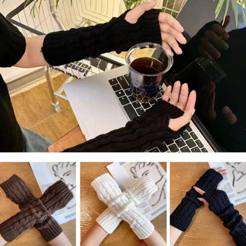 Women's Polyester Long Fingerless Winter Gloves with Retro Cable-Knit Pattern, Half-Finger Design for Easy Operation 1