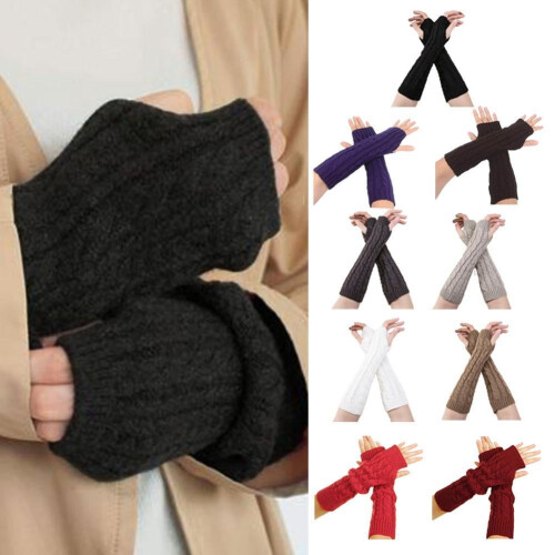 Women's Polyester Long Fingerless Winter Gloves with Retro Cable-Knit Pattern, Half-Finger Design for Easy Operation 2