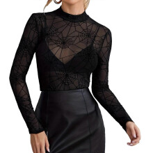 (XL, Black) Long Sleeve Mock Neck Spiderweb Mesh Top Slim Fit Halloween T-Shirt for Women Party Club Night Out Sheer Blouse  Claret XL