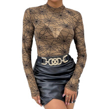 (L, Khaki) Long Sleeve Mock Neck Spiderweb Mesh Top Slim Fit Halloween T-Shirt for Women Party Club Night Out Sheer Blouse  Claret XL