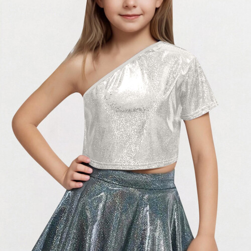 Girls One-Shoulder Short-Sleeve Sequin Crop Top 1