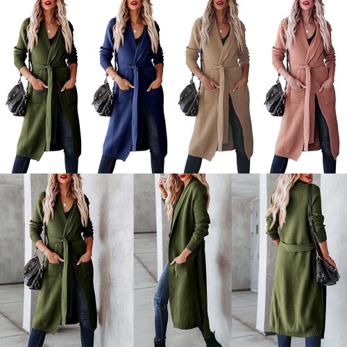 Womens Long Cardigans Cable Knitted Open Front Oversized Belted Solid Color Outerwear Sweater Coat Knitwear 1