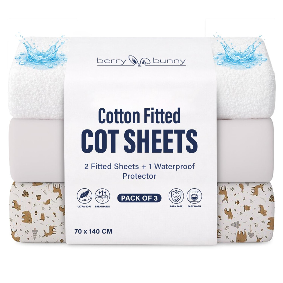 Berry & Bunny 3 Pack Cot Bed Sheets 140 X 70 Cm – 100% Cotton 2 Fitted Sheets &