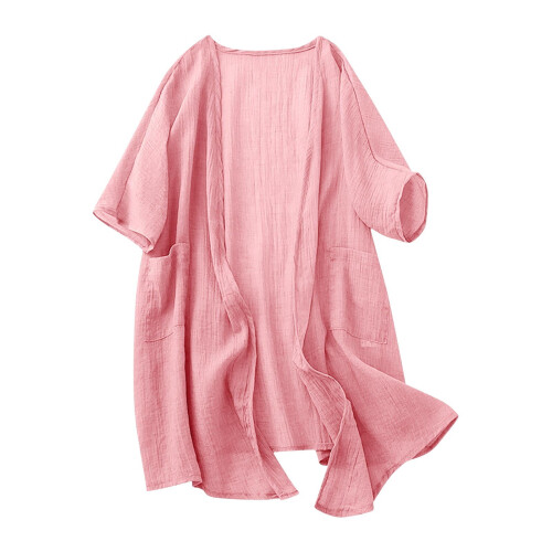 Women's Linen Kimono Cardigan Solid Color Short Sleeve Open 2