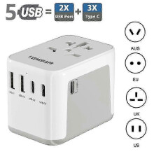 (2 USB-A & 3 USB-C, gray) 2026 TESSAN Universal Travel Plug Adapter All-in-one Travel Charger with USB Ports and Type C Wall Charge