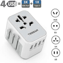 (3 USB-A & 1 USB-C, gray) 2026 TESSAN Universal Travel Plug Adapter All-in-one Travel Charger with USB Ports and Type C Wall Charge