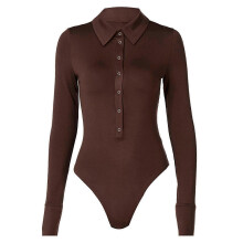 (M, female) 2026 Womens Solid Color Long Sleeve T-Shirts Bodysuit Jumpsuit Lapel Collar Button Down Skinny Bodysuit Tops Brown S