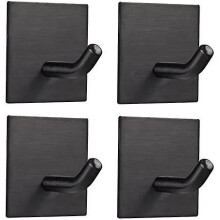 (4 Pack, Black) Heavy Duty Adhesive Hooks, Stick on Wall Adhesive Hangers, Strong Stainless Steel Holder, Self Adhesive Hooks for Kitchen Bathroom