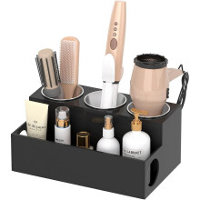 (Regular, Black) Black Acrylic Hair Tool Organizer with Drawer - Bathroom Countertop Hair Dryer & Styling Holder, Vanity Storage Caddy