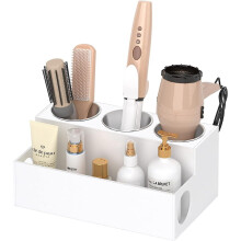 (Regular, White) Black Acrylic Hair Tool Organizer with Drawer - Bathroom Countertop Hair Dryer & Styling Holder, Vanity Storage Caddy