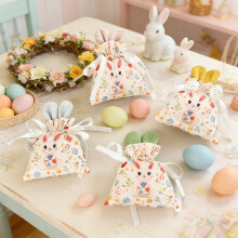 Easter Rabbit Ear Drawstring Bags with Ribbon – Egg, Cookie & Treat Packaging for Egg Hunt Party Supplies