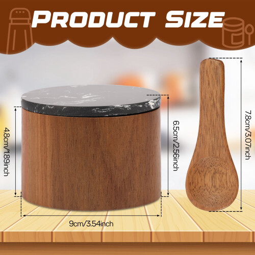Salt Cellar Box with Lid and Spoon Wood Stone 2 Pcs 1