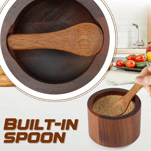 Salt Cellar Box with Lid and Spoon Wood Stone 2 Pcs 2