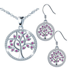 Sølv Dametræssæt med livets træ, Valentinsdagsgave, fødselsdag, jubilæum - Øreringe og halskæde - Sølv 925 - Fuchsia