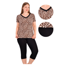Dame viskose pyjamas 2XL korte ærmer 3/4 bukser til sommer løstsiddende leopardprint
