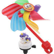 Fahrradklingel- und Windmühlen-Set: Weißes Einhorn-Fahrradklingel mit großer lila Windmühle