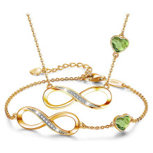 Guld Infinity Gavesæt med Kubisk Zirkonia - Halskæde og Armbånd - 925 Sølv - 24 Karat Forgyldt - Peridot