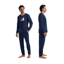 Herrepyjamas i bomuld, lange ærmer, lange bukser, Vienetta L, med lommer