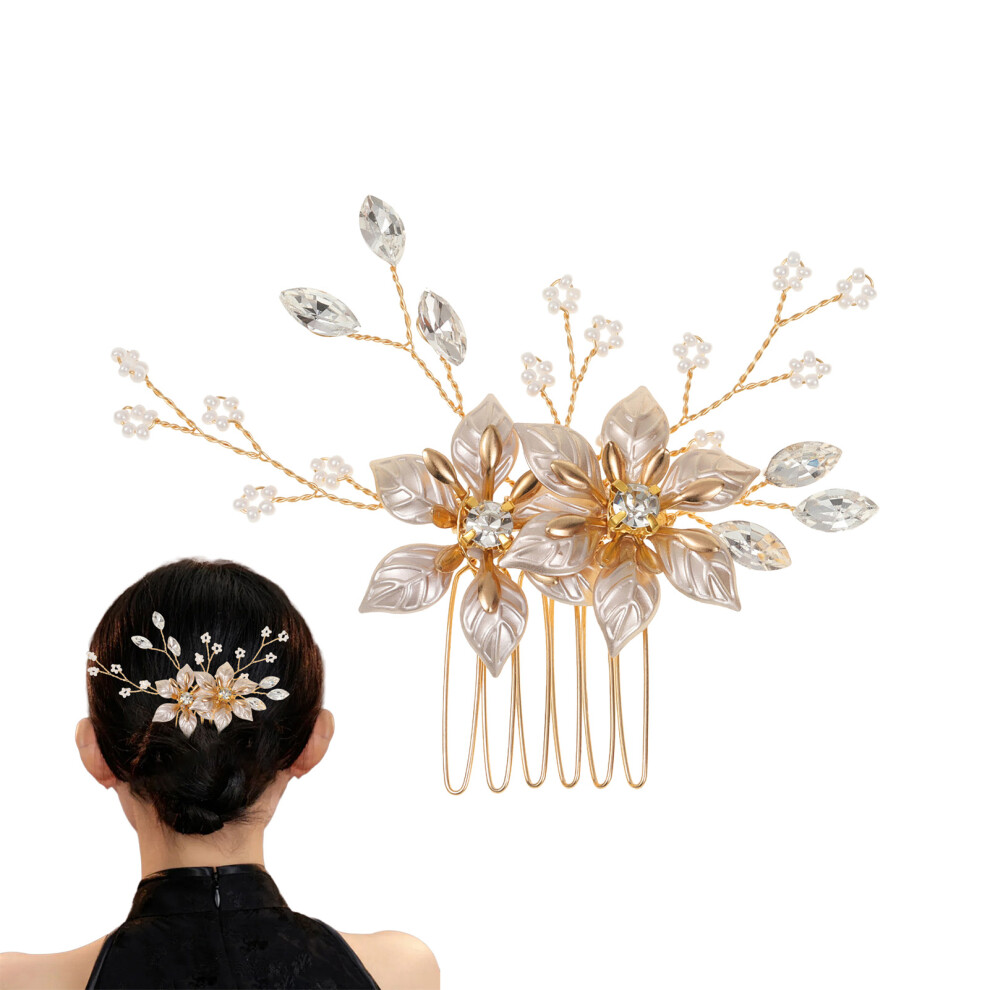 Dachuang Beauty Bridal Rhinestone Hair Comb With Gold Leaves