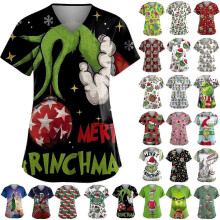 (4XL, Dark Blue) Womens Christmas Grinch Tops Nursing Uniform Scrub Short Sleeve Top With Pocket