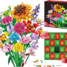 Calendrier de l'Avent de Noël 2025, blocs de bouquets de fleurs, boîte surprise de 24 jours avec bouquet de tournesols.