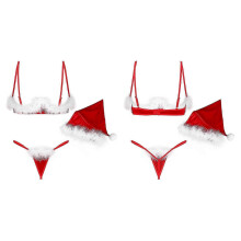 (XXXL, Red E) Women's Santa Sexy Christmas Lingerie Set with Feather Trimming Bra G-string Hat