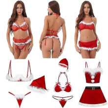 (S, Red D) Women's Santa Sexy Christmas Lingerie Set with Feather Trimming Bra G-string Hat